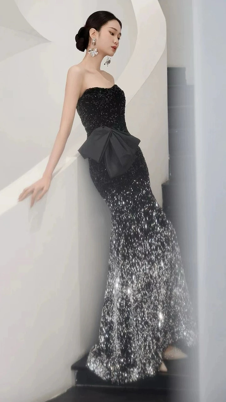 

Sequins Mermaid Celebrity Dresses Woman Bow Floor Length Gradient Slim Elegant Boat Neck Party Black Zipper Celebrity Gowns New