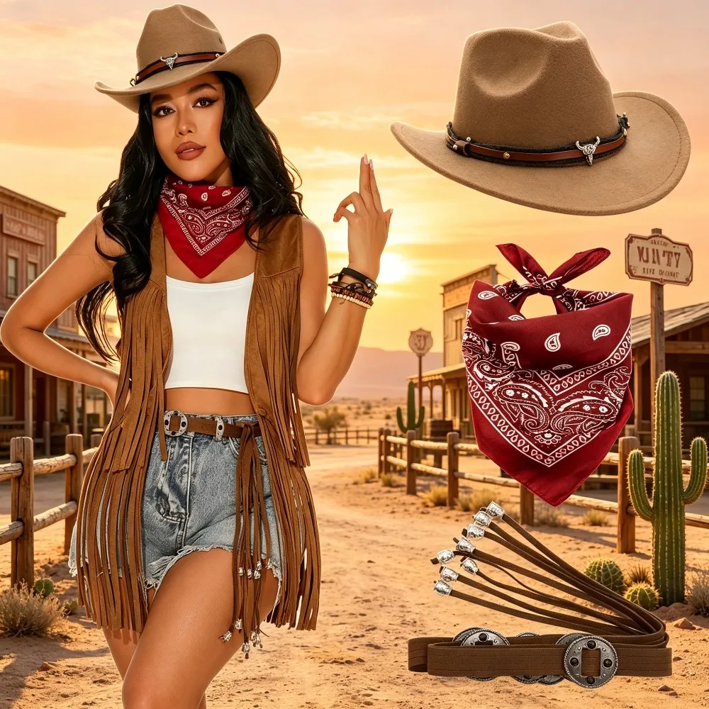 Women Western Cowboy Costume Set Fringe Cowboy Hat Bandana Belt 3Pcs Halloween Party Outfit view 3