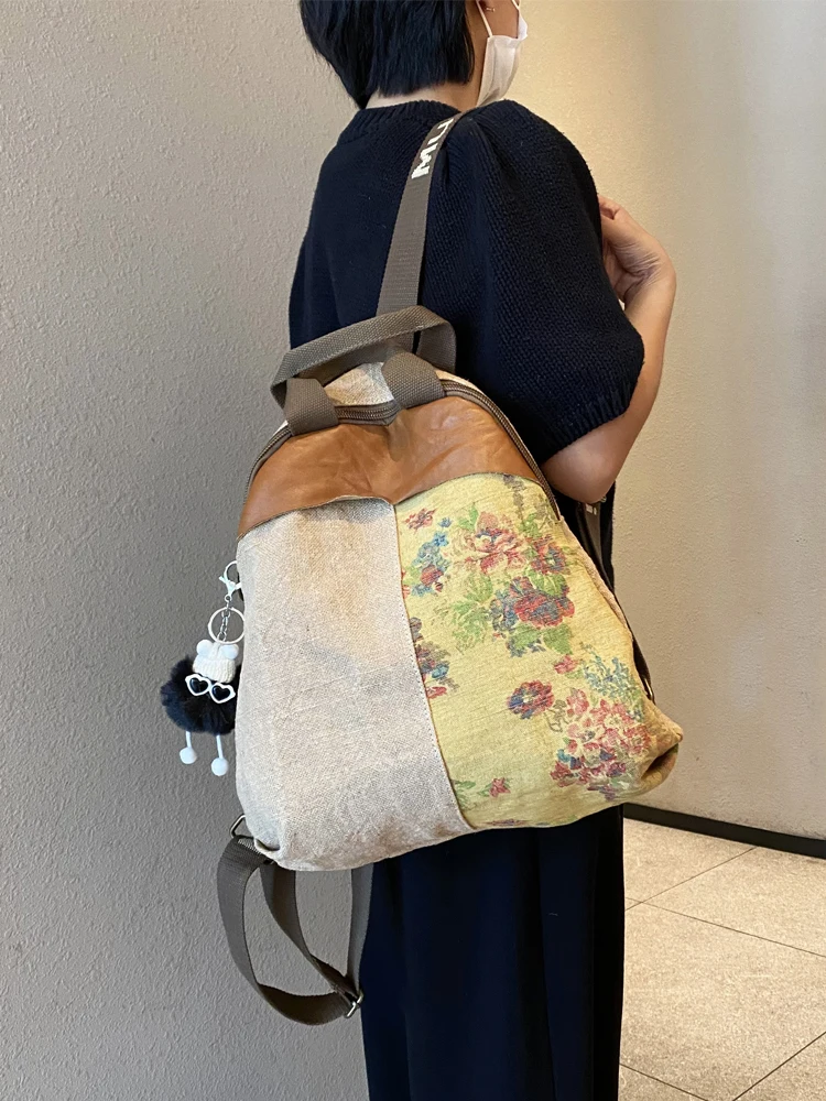 2025 New Women Backpack Cotton Linen Vintage Print Lightweight Female Backpack Original Design Mochilas Para Mujer