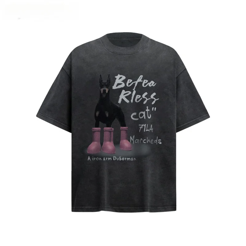 Vintage Washed Red Boots Dog Graphic T Shirt Men Oversized Cotton Tee Streetwear Loose Fit Summer Casual Unisex Couple