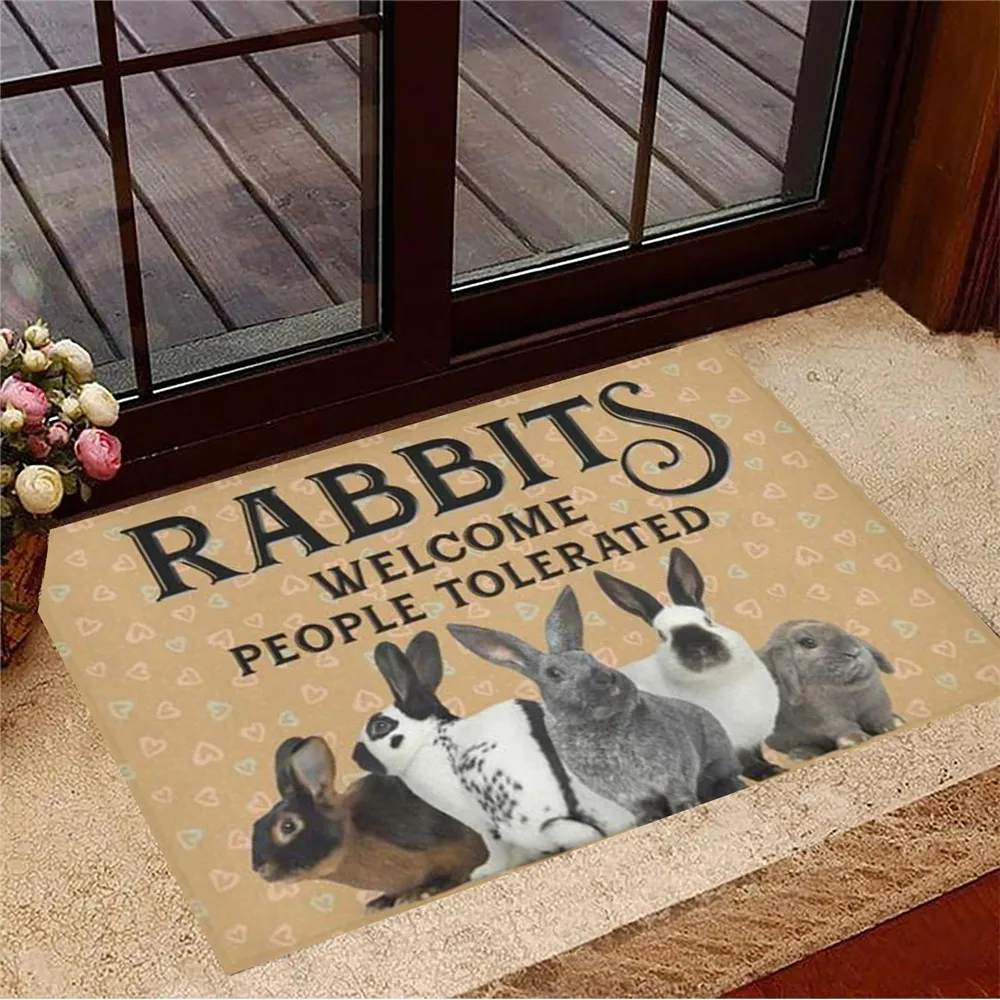 HX Rabbits Welcome People Tolerated Doormat Animals Bunny 3D Printed Flannel Carpets Indoor Hallway Floor Rug Home Decor