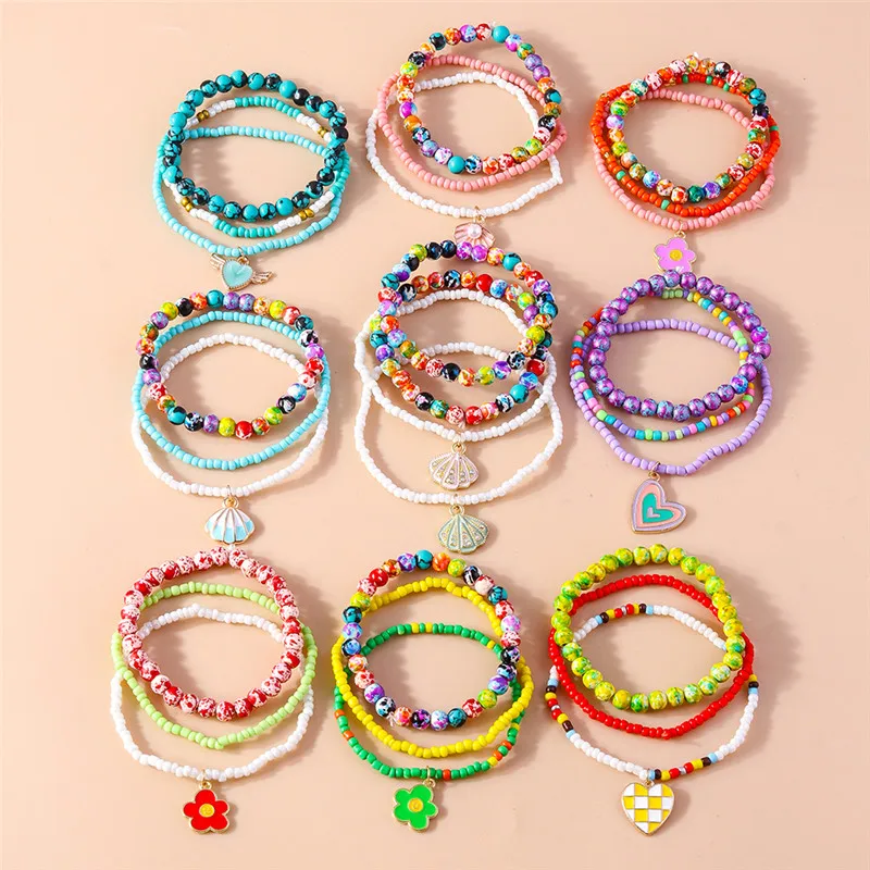 Aihua 3pcs/set Summer Beach Colorful Beaded Bracelets Set For Women Heart Shell Flower Charms Bracelet Bohemia Jewelry Gifts