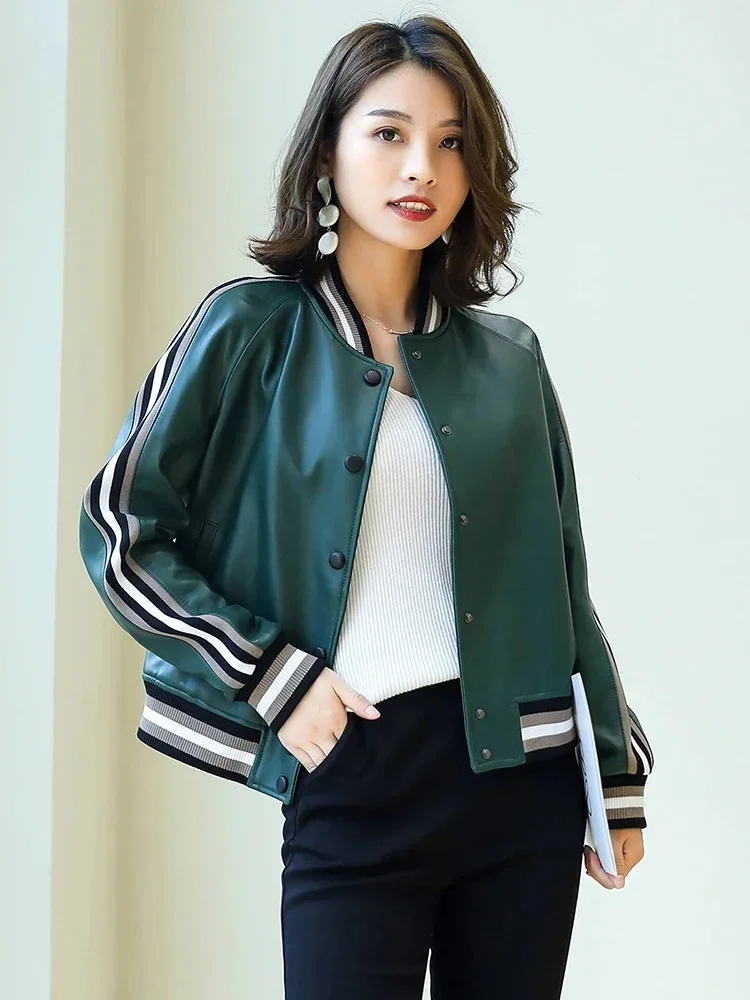 Leather Genuine Bomber Jacket Women 2024 Trend Casual High-end Contrast Color Striped Short Slim Real Sheepskin Coat