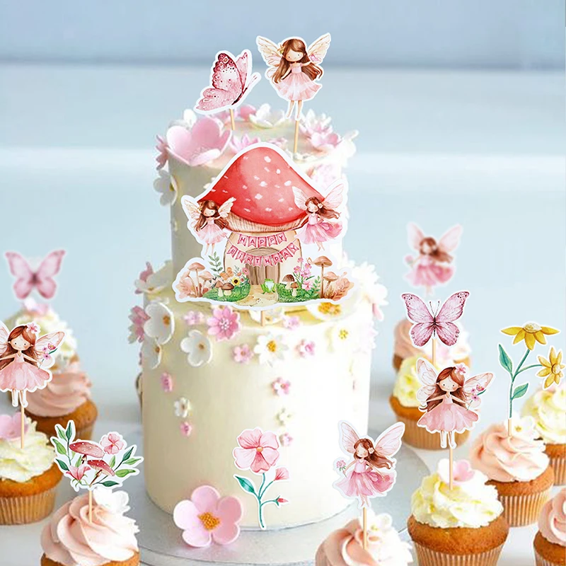 1 Set Feenhafte Cupcake-Topper Dekoration Blumenmuster Feen-Dessert-Zahnstocher Deko Feengarten Geburtstag Babyparty Partydekoration – Detail 4