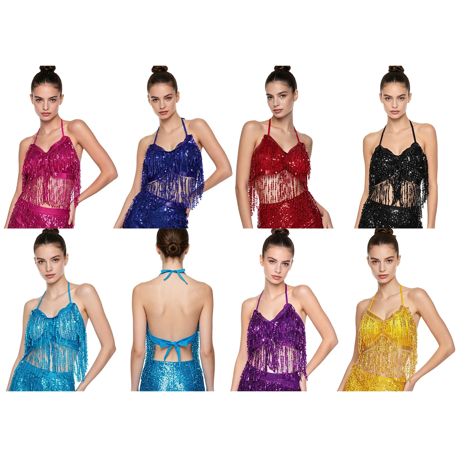 Women Belly Fringed Dance Top Sequined Tassel Backless Halter V Neck Bra with Pad Dance Top for Stage Performance Training