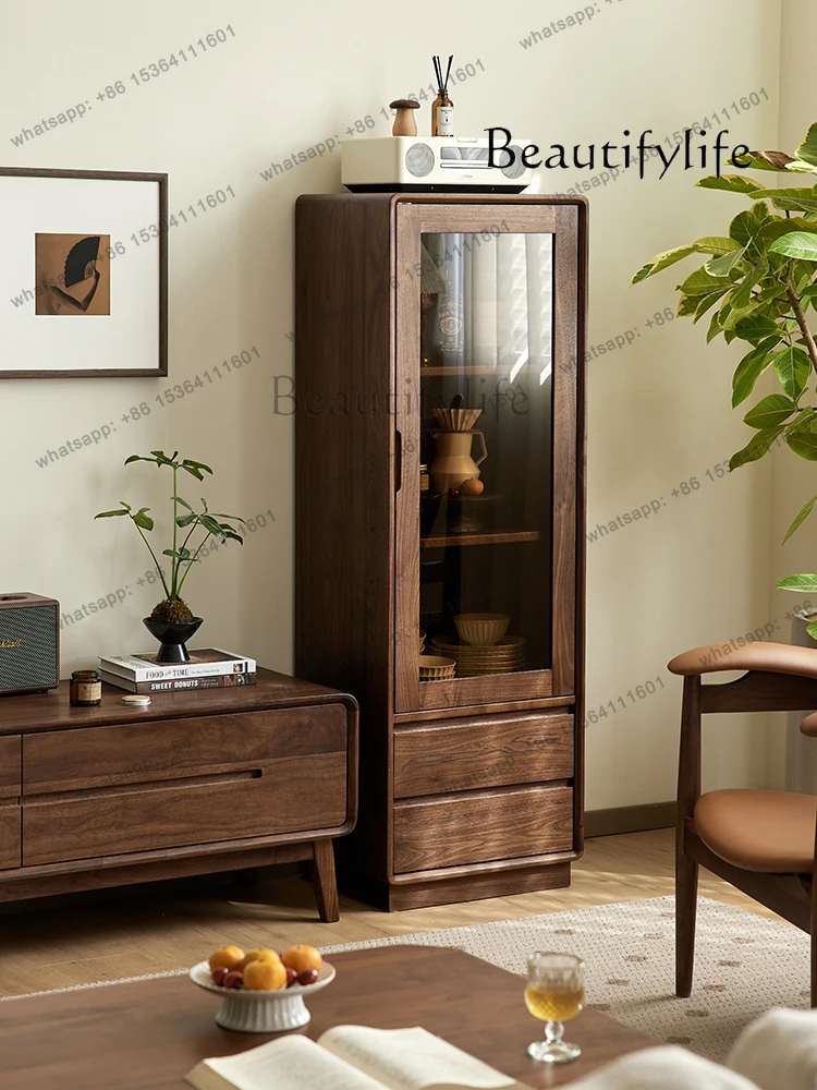 

North American black walnut wine cabinet Nordic simple solid wood vertical cabinet Home living room glass display storage