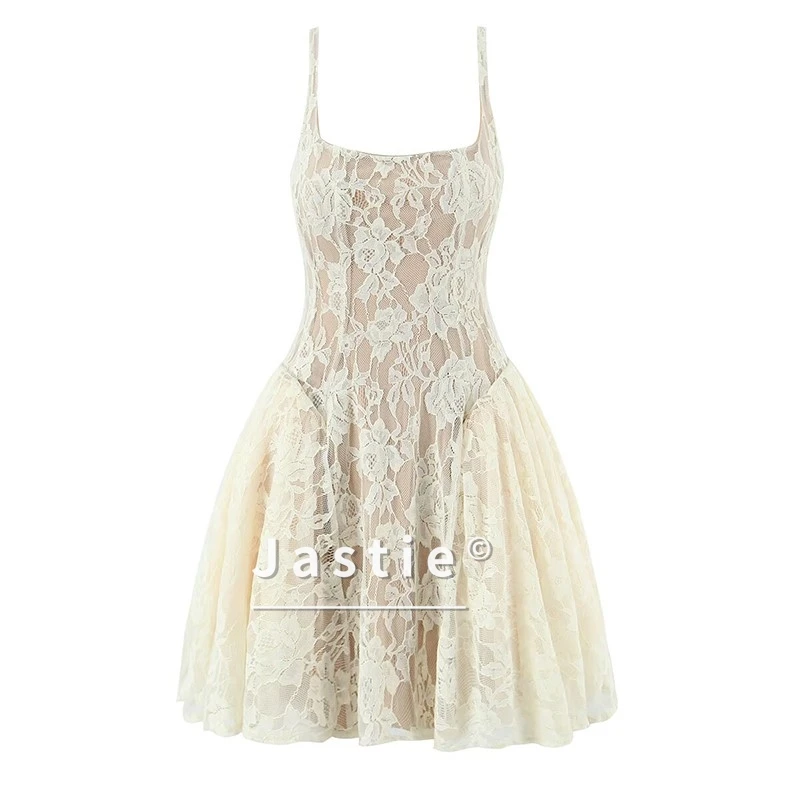 2026 여성 섹시 스퀘어 칼라 민소매 레이스 드레스 베이지 블랙 여름 볼 가운 파티 미니 드레스