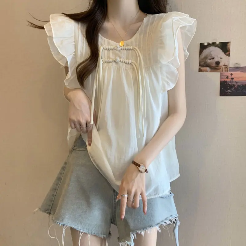 Sweet Flying Sleeve Shirt Stylish Chinese Disc Buckle Folds Female Clothing Casual O-Neck 2024 Summer Basic Loose Vintage Blouse