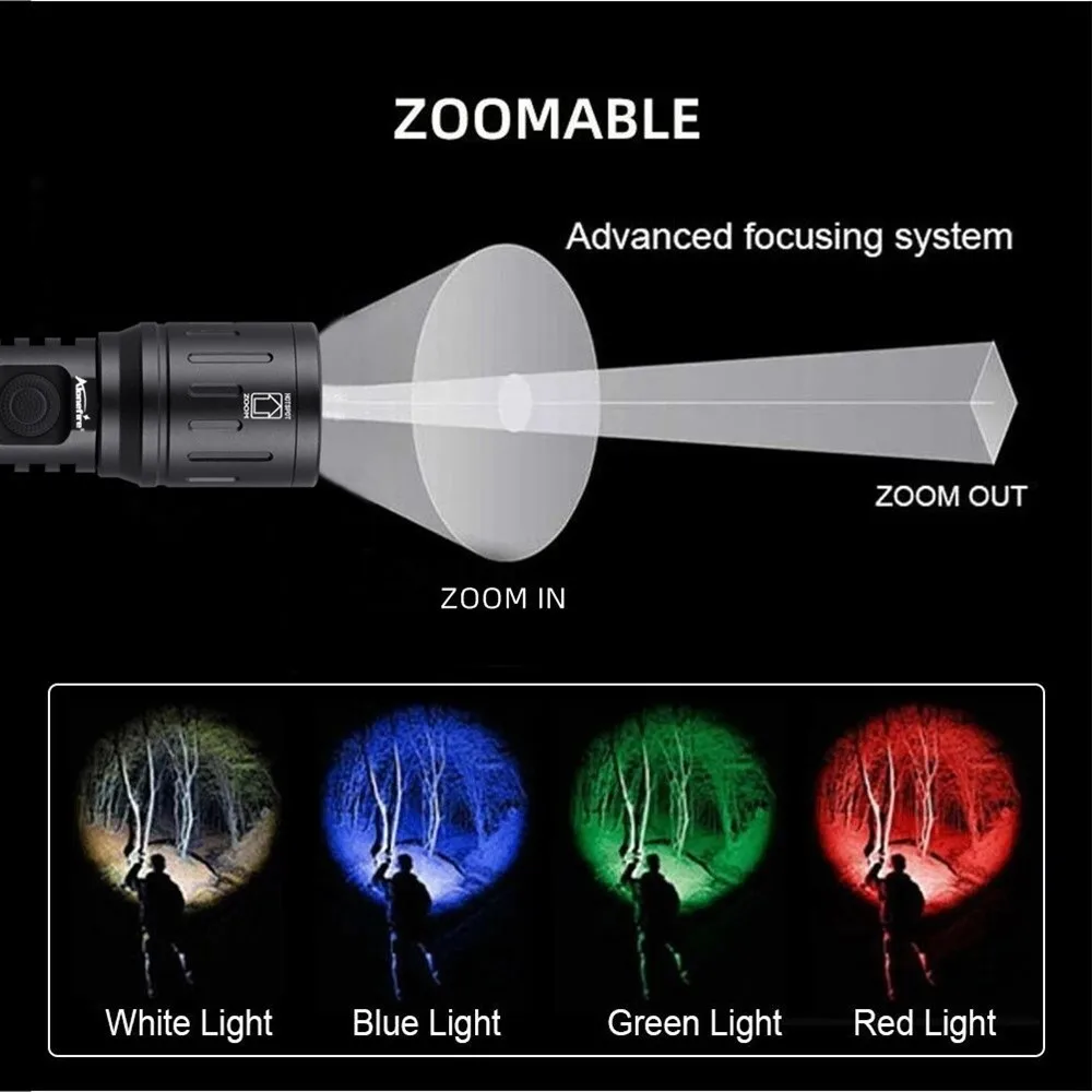 Zoom 4-Colour Light White/Red/Green/Blue LED Flashlight USB Rechargeable Fishing Camping Hunting Photography Selfie Hiking Torch