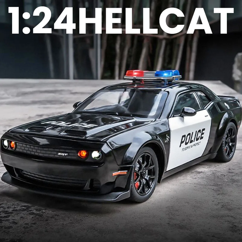 1:24 Model Auta Policyjnego Hellcat, Zabawki, Odlew ze Stopu, Challenger SRT, Samochody Sportowe, 4 Otwierane Drzwi, Dźwięk, Światło, Napęd Pull Back, Prezent dla Dzieci