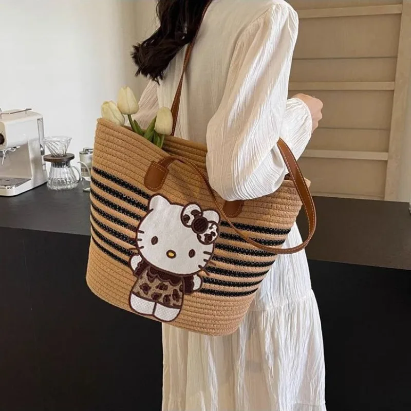 Hello Kitty Bag MINISO Anime Peripheral Weave Stripe Fashion Cartoon Delicate Personality Single Shoulder Bag High-capacity Cute