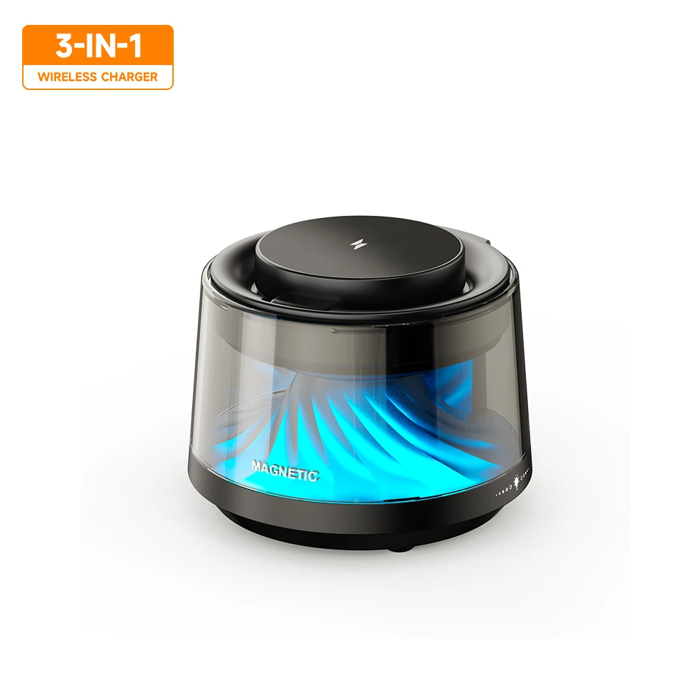 

Best Selling Magnetic Three in One Wireless Charging with Bluetooth Speaker and Ambient Light 3 In1 Wireless Charger