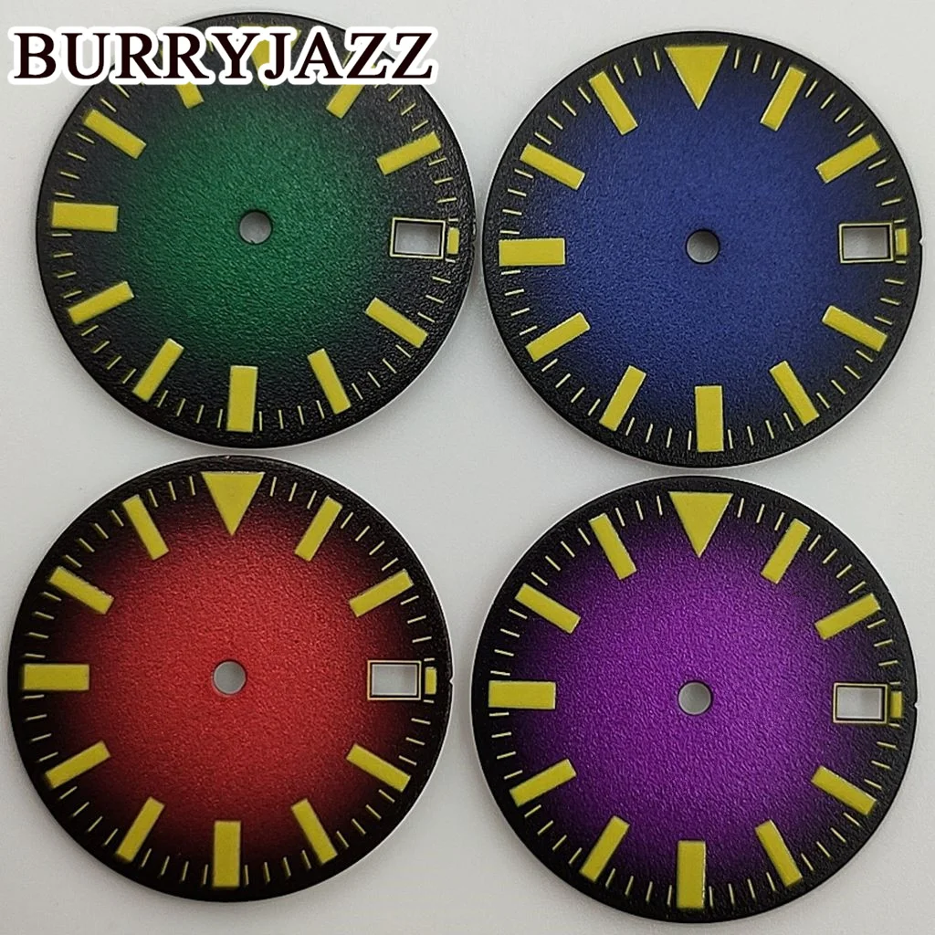 BURRYJAZZ 28.5mm No Logo NH35 Watch Dials Black Blue Black Green Red Dial Green Luminous Fit 3 O'clock 3.8 O'clock Case Crown