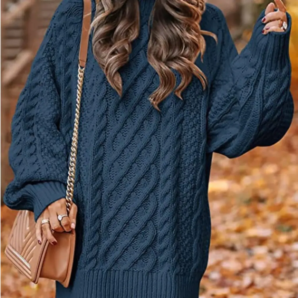 

Women's round Neck Long Sleeve Knitted Sweater Thick Needle Mid-Length Twist Design European American Style Large Size Dress