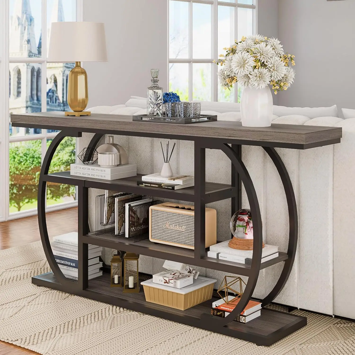Industrial Console Table 4-Tier Narrow Long Sofa Behind Couch Entryway Hallway Foyer Metal Frame Living Room, Customized