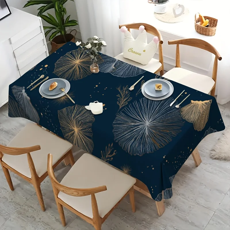 Dark Blue Ginkgo Tablecloth, Navy Base With Golden Leaf Graphic Print, Rectangular Table Cover for Dining & Kitchen Decor