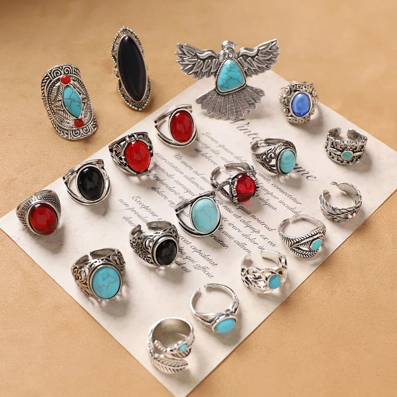 

n Ethnic Sle Carved Ring Exaggerated Personali Retro Foreign Open Middle Ancient Finger Ring for Women Faion Jew...