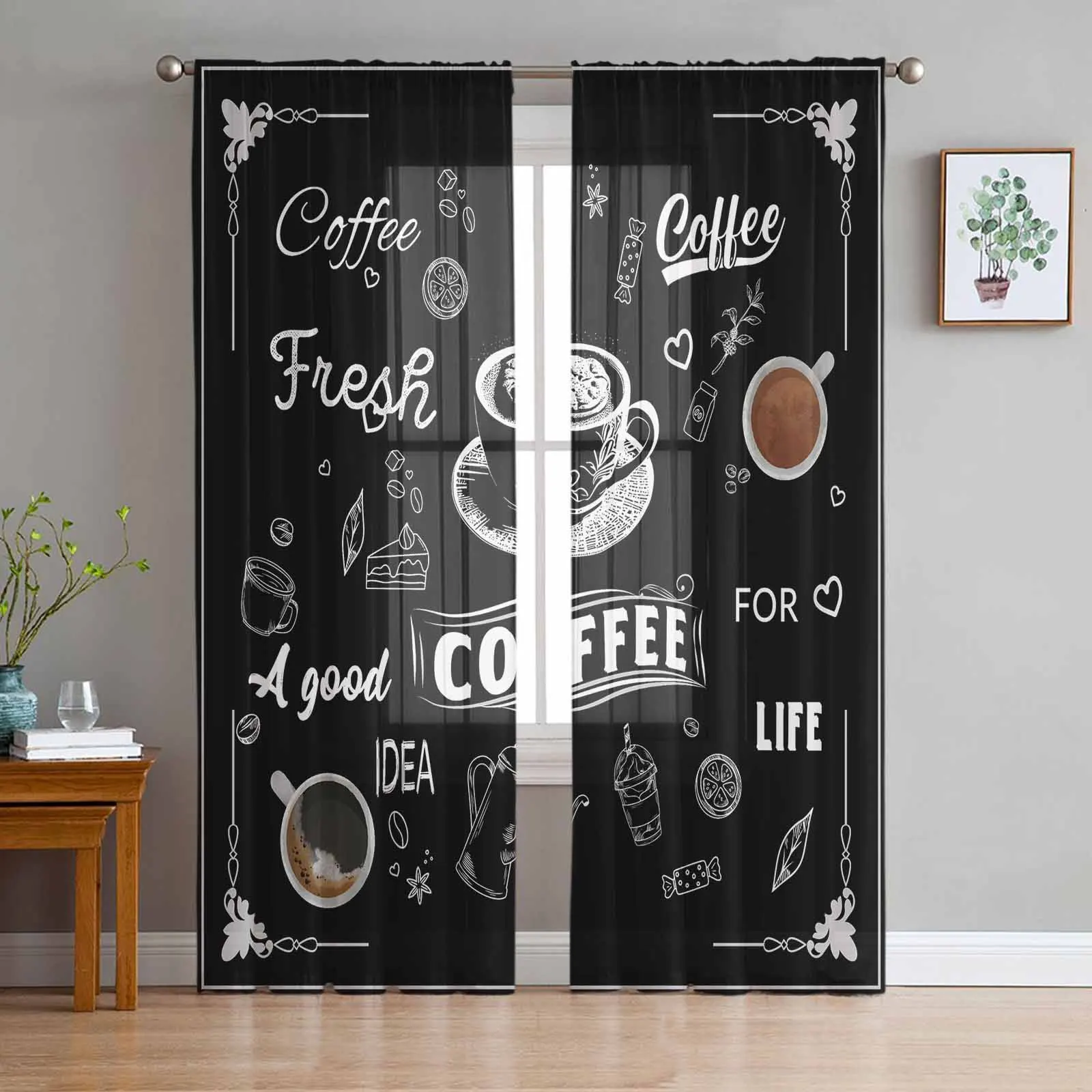 Coffee Coffee Beans Cup Tulle Curtain for Living Room Bedroom Window Treatment Sheer Voile Curtain Kitchen Drape