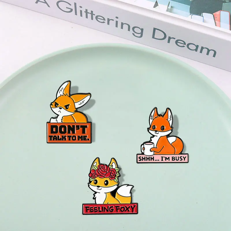 Fox Quotations Enamel Pins I AM BUSY Fun Banner Brooch Lapel Badge Bag Cartoon Animal Jewelry Gift for Friend