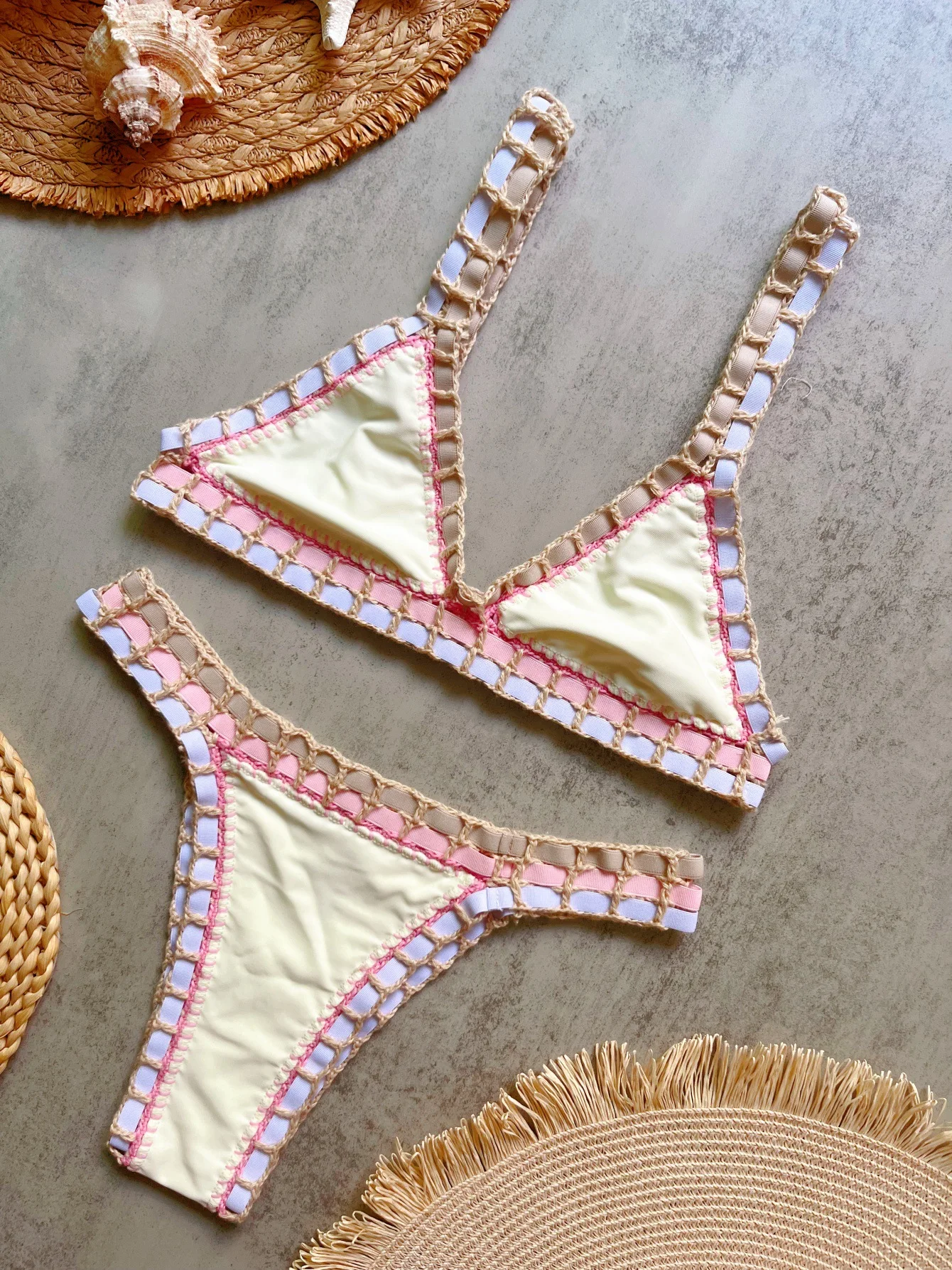2026 New Women's Hand-knitted Solid  Swimsuit With Colorful Elastic Straps Bikini Beachwear Set Bathing Suit