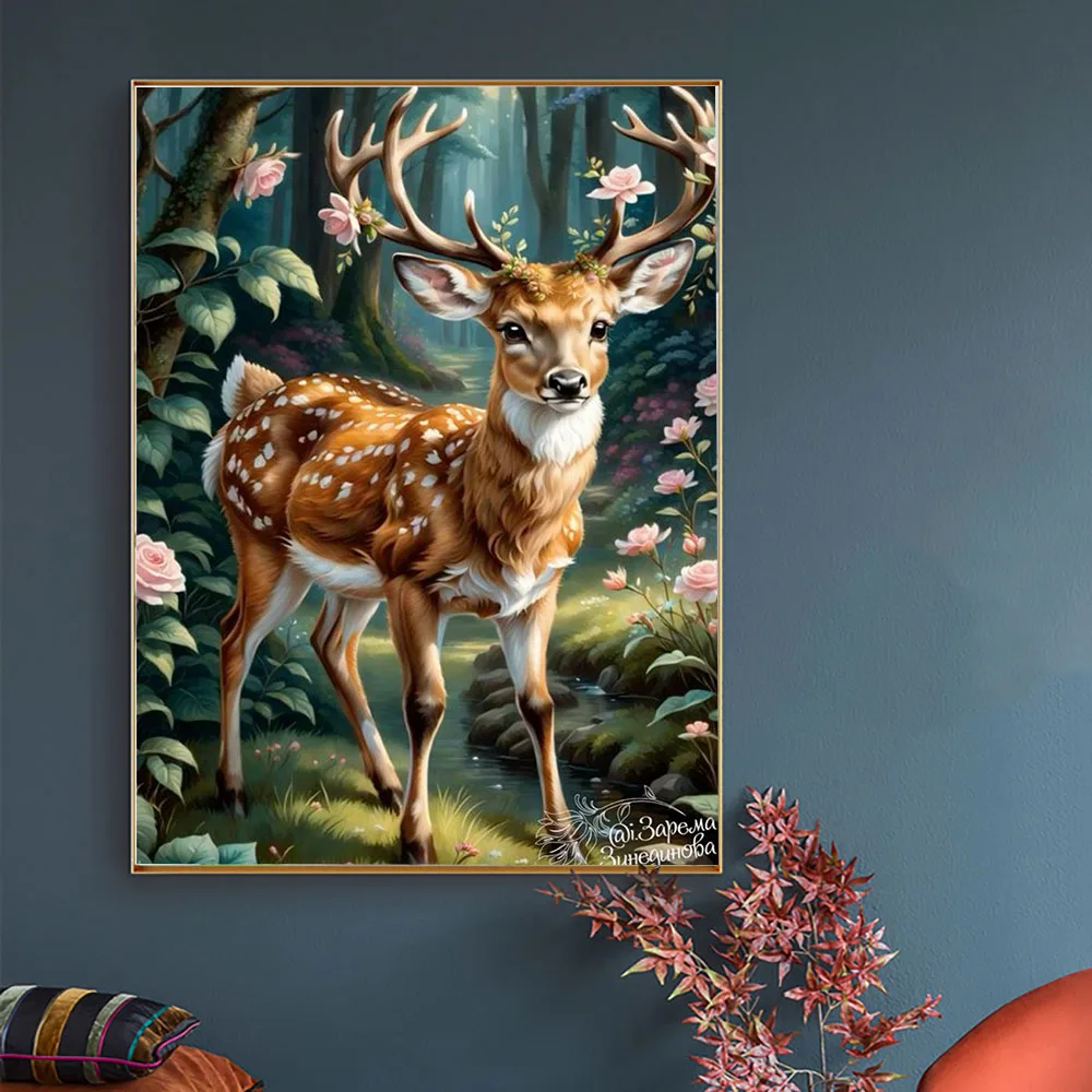 PYABPD Animal Landscape Diamond Painting Set Cute Sika Deer Forest Cross Embroidered Diamond Mosaic Art Home Decor Painting Gift