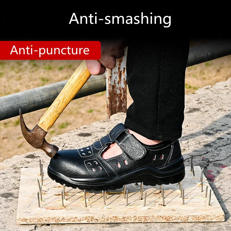 men casual breathable steel toe cap safety shoes soft leather working boots outdoors summer worker sandals safe footwear protect