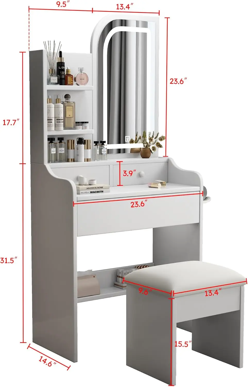 A small dressing table with power socket, a mini white dressing table with mirror and light, and a stool image 4