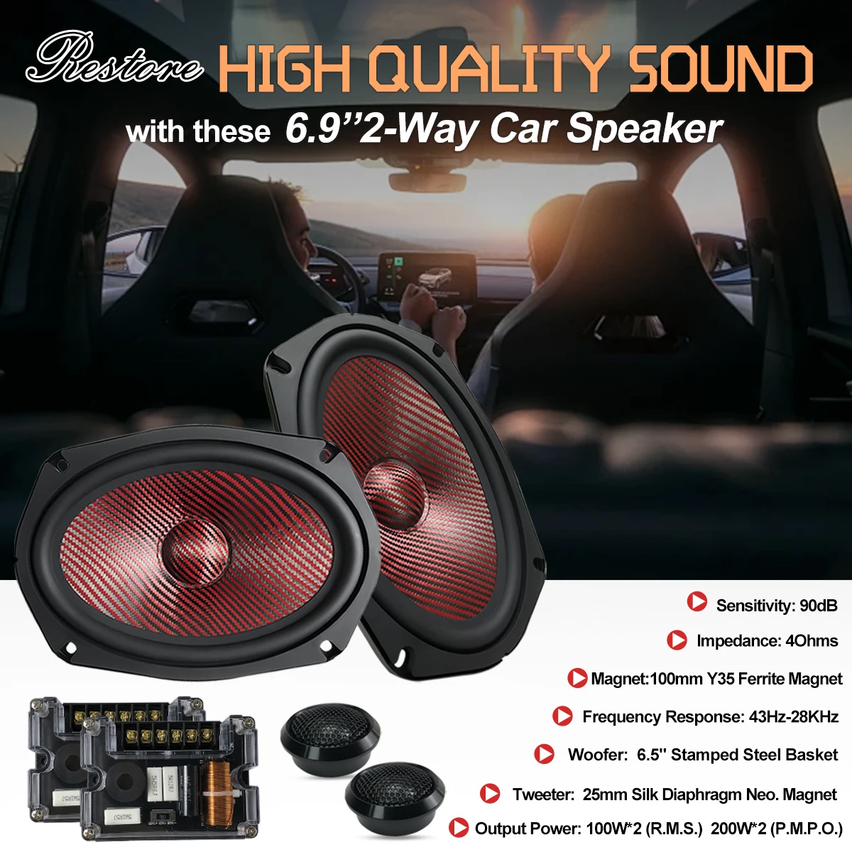 Professional Audio 90DB 6x9 RMS 100W*2 Car Bass Carbon Fiber Cone Component Speaker Neodymium 2-Way Automotive Ural Oval Speaker