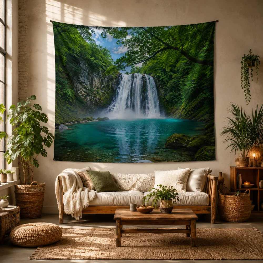 Fantasy Water Dragon Tapestry, Glowing Blue Cave Waterfall Wall Hanging for Boho Decor