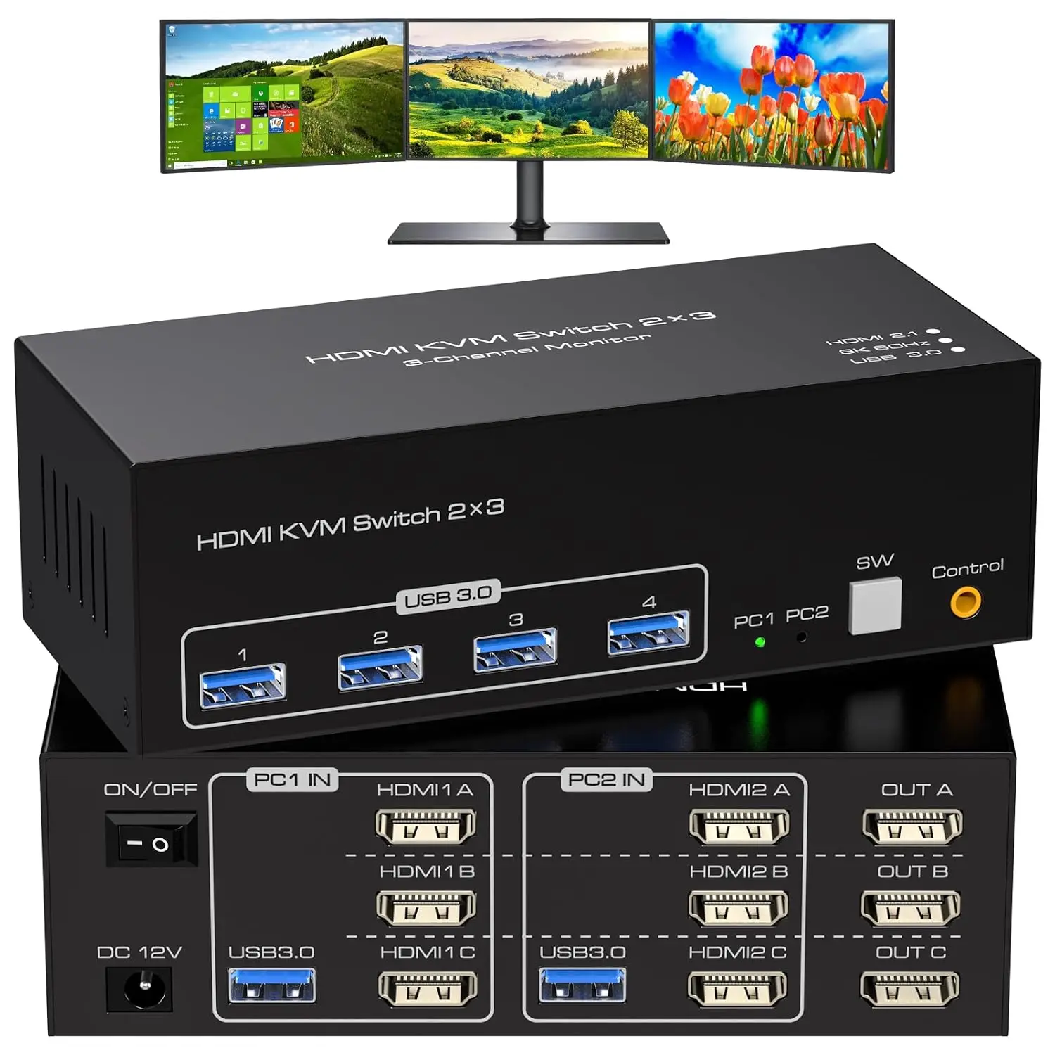 HDMI KVM Switch 3 Monitors 2 Computers 8K 60Hz 4K 120Hz 2 Port KVM Switches Share Triple Monitor and 4 USB Devices Support Copy