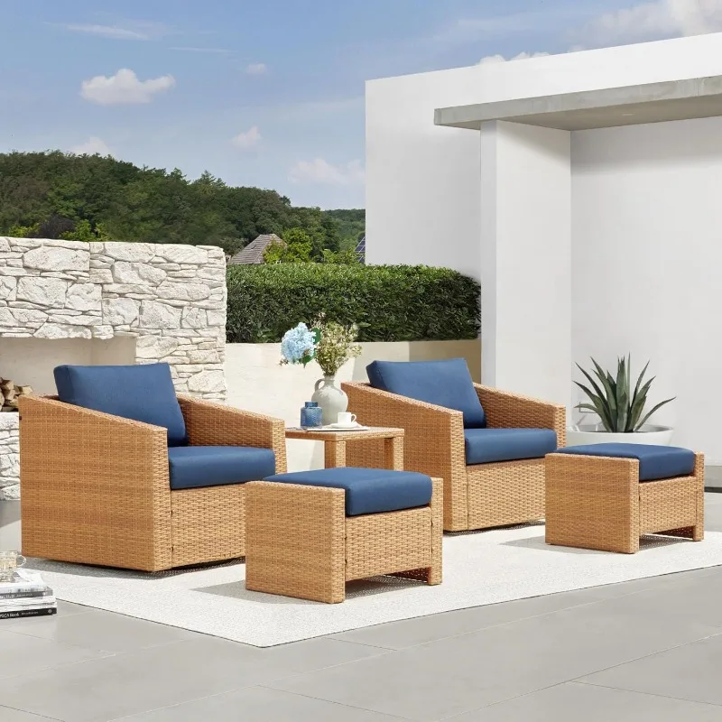 5 Pieces Wicker Patio Furniture Set,2 Pieces Ottomans, Thickened Cushions and Side Table