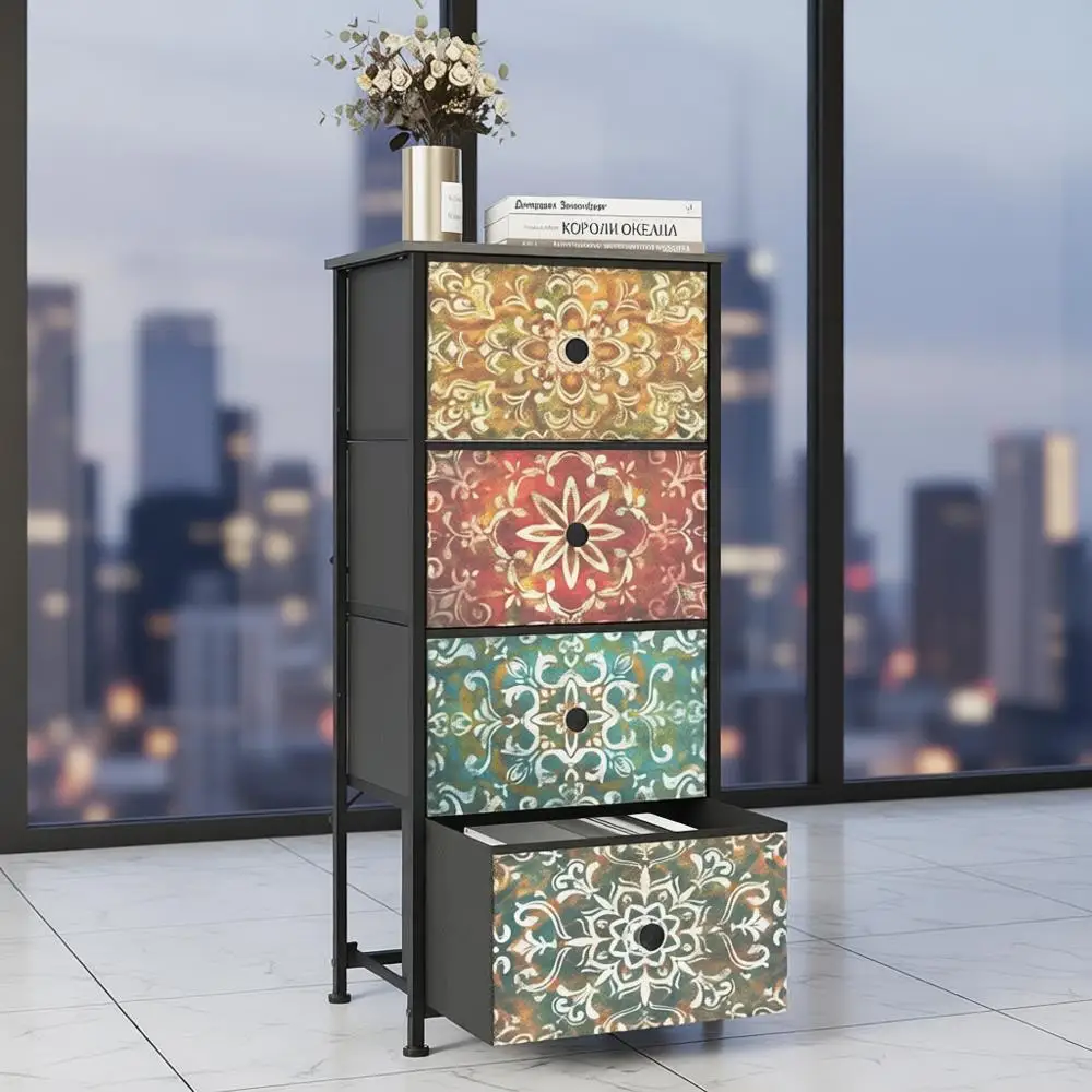 

Vintage Fabric Drawers Boho Mandala Chest for Lower Storage in Small Spaces, Ideal for Bedroom or Living Room (Mandala, 4 Drawer