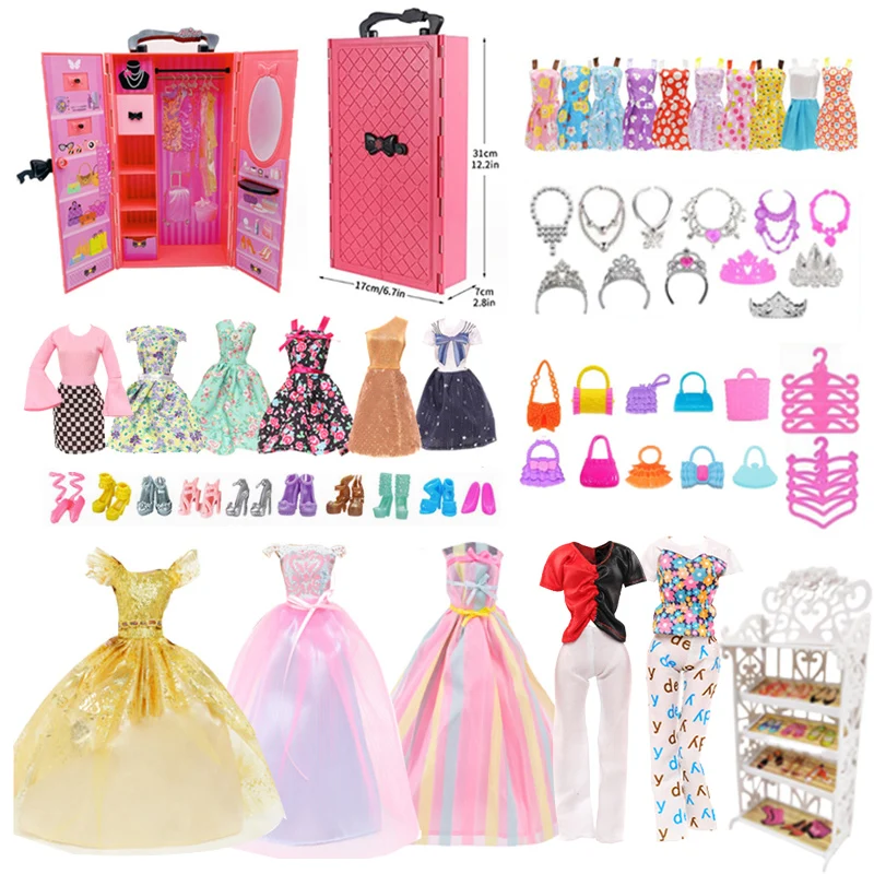 73pcs Set Doll Accessories Playsets Include Wardrobe Shoes Rack Evening Dress Fashion Top and Pants Necklace Christmas Gift Toy