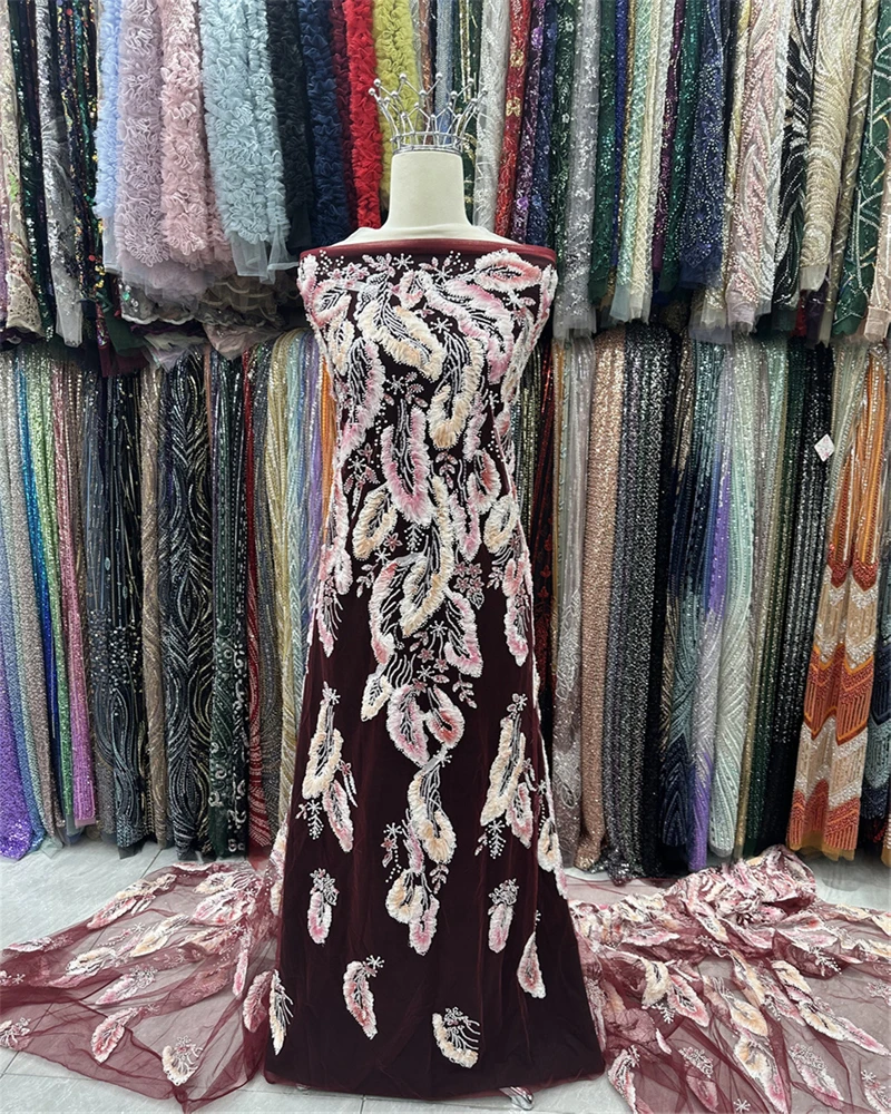 Nieuwe Afrikaanse zware kralen kant stof 2025, hoge kwaliteit Franse Nigeriaanse pailletten borduurwerk bruidegom tule kant stof avondjurken