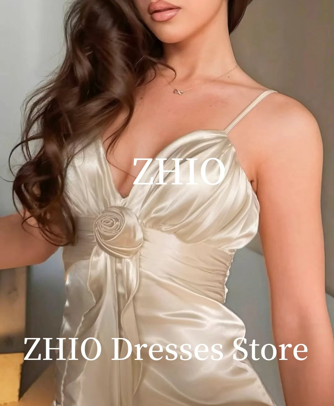 ZHIO Elegant Champagne Evening Dresses Spaghetti Straps Rose Draped Floor Length Formal Occasion Party Dress Prom Gown Customize