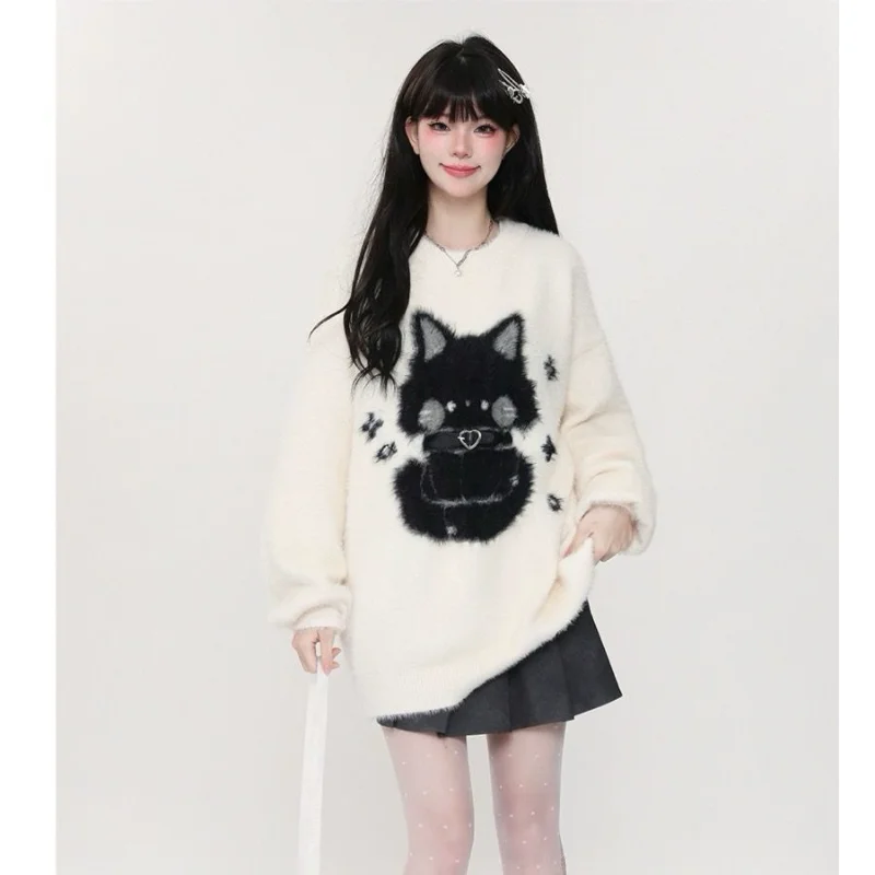 

Бархатный свитер с круглым вырезом Sweet Cat из норки, женский новый осенне-зимний свободный универсальный вязаный топ