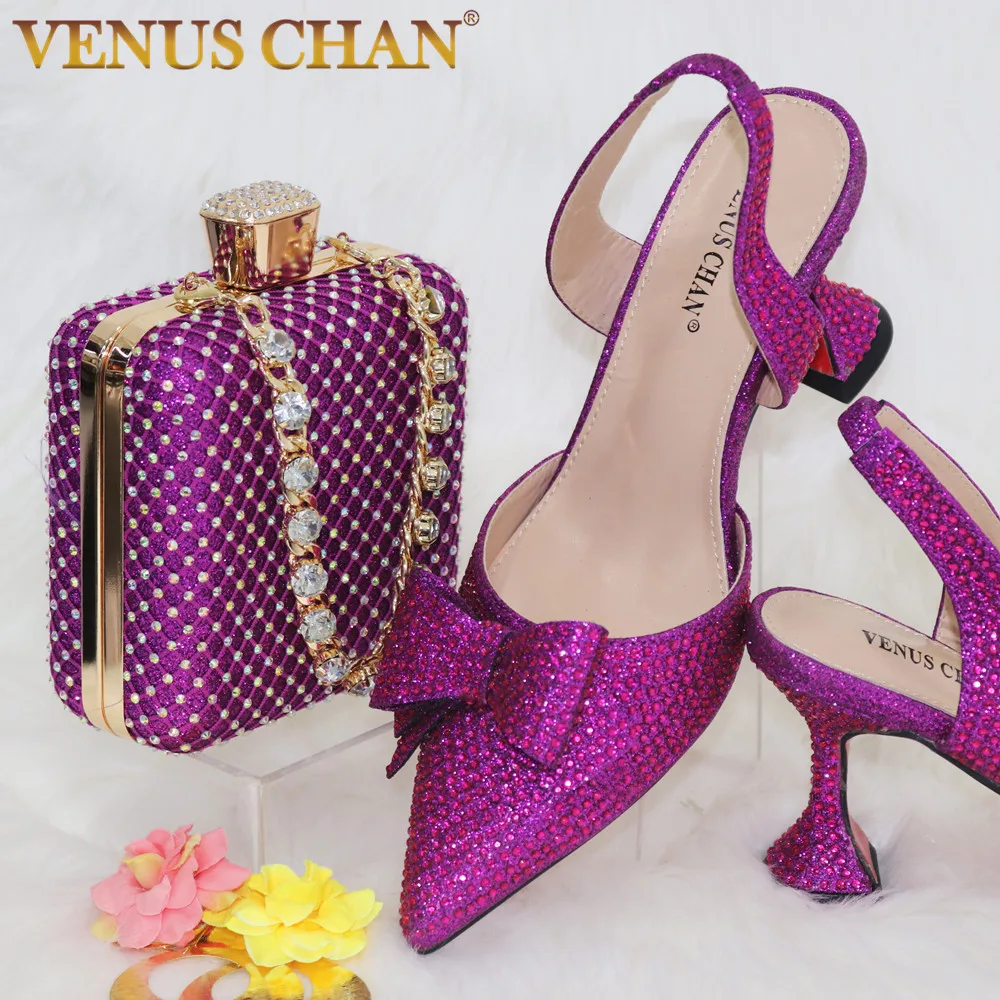 2023 New Arrivals Special Design Purple Color African Women Shoes and Bag Set Pointed Toe Pumps for Wedding Party