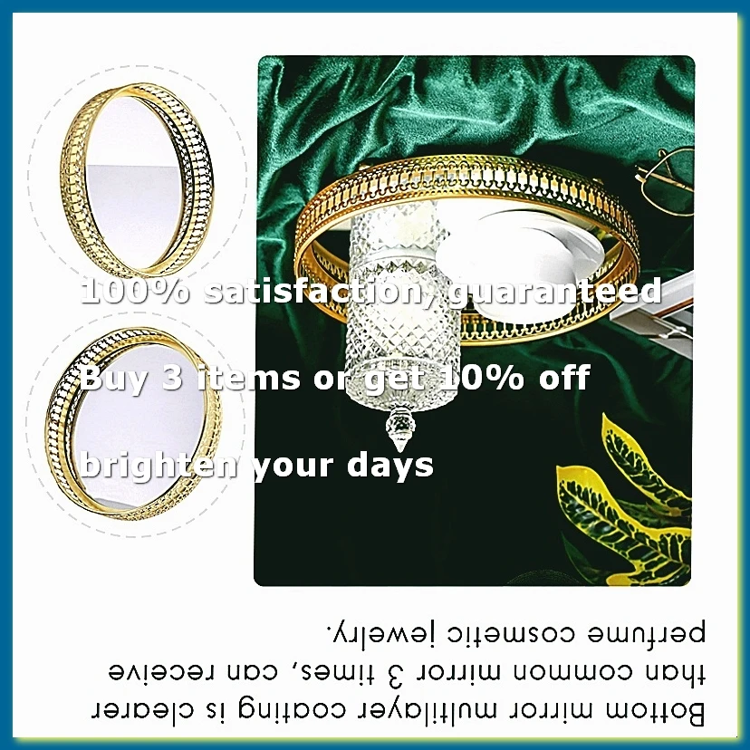 Golden Iron Jewelry Storage Tray Glass Mirror Makeup Manager Desktop Cosmetic Dessert Decorative Display Tray 17.5Cm