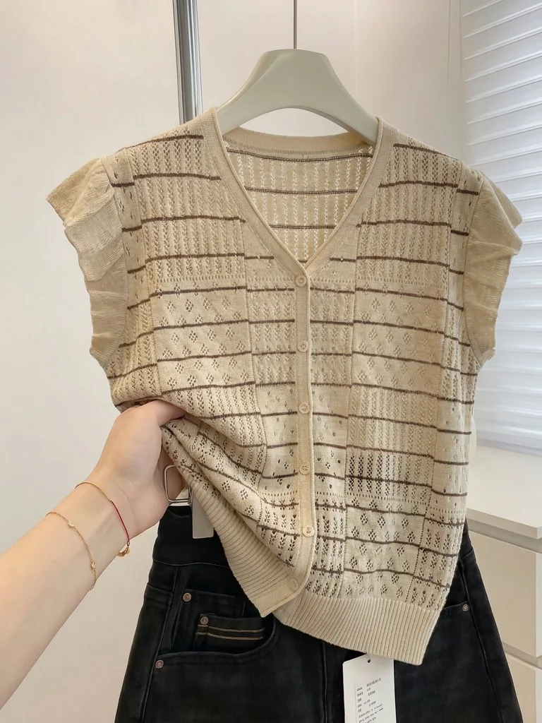 Orange Pumpkin V-neck Knitted Short-sleeved T-shirt Women's Summer New plus Size Big MM Small Flying Sleeve Top Korean Style