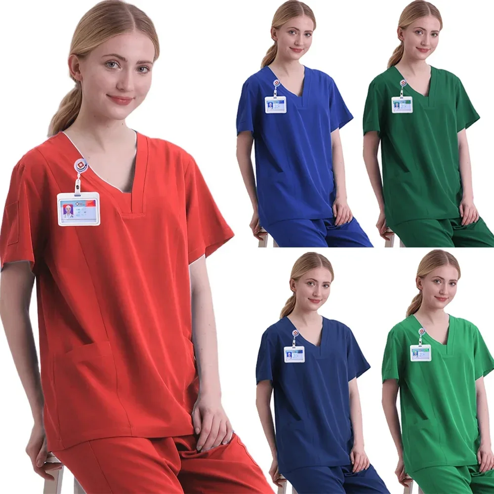 Women Medical Uniforms Elastic Scrubs Sets Hospital Surgical Gowns Short Sleeve Tops Pant Nursing Accessories Doctors Clothes