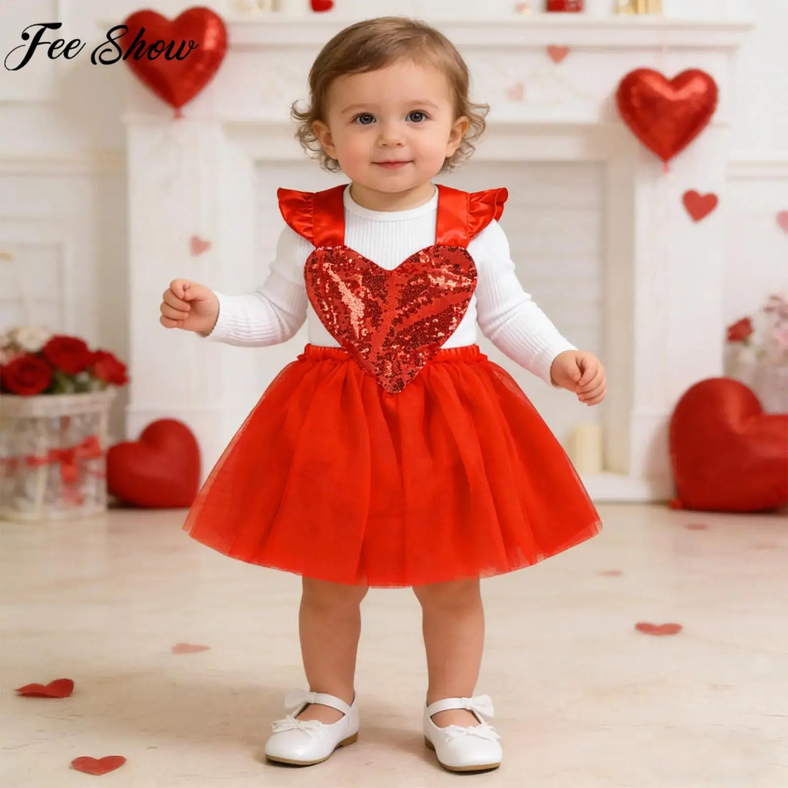 

Toddler Baby Girls Romper Tutu Dress Sleeveless Sequin Heart Backless Tulle Ball Gown for Valentine Day Birthday Party Wedding