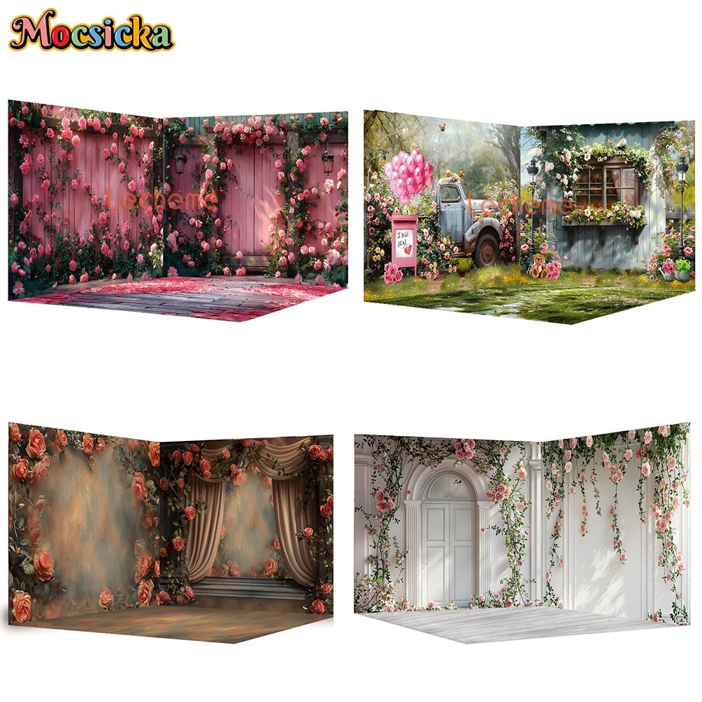 

Mocsicka Flower Background For Photography Green Grass Red Rose Wall Easter Spring Backdrops Shooting Wedding Decorations Banner