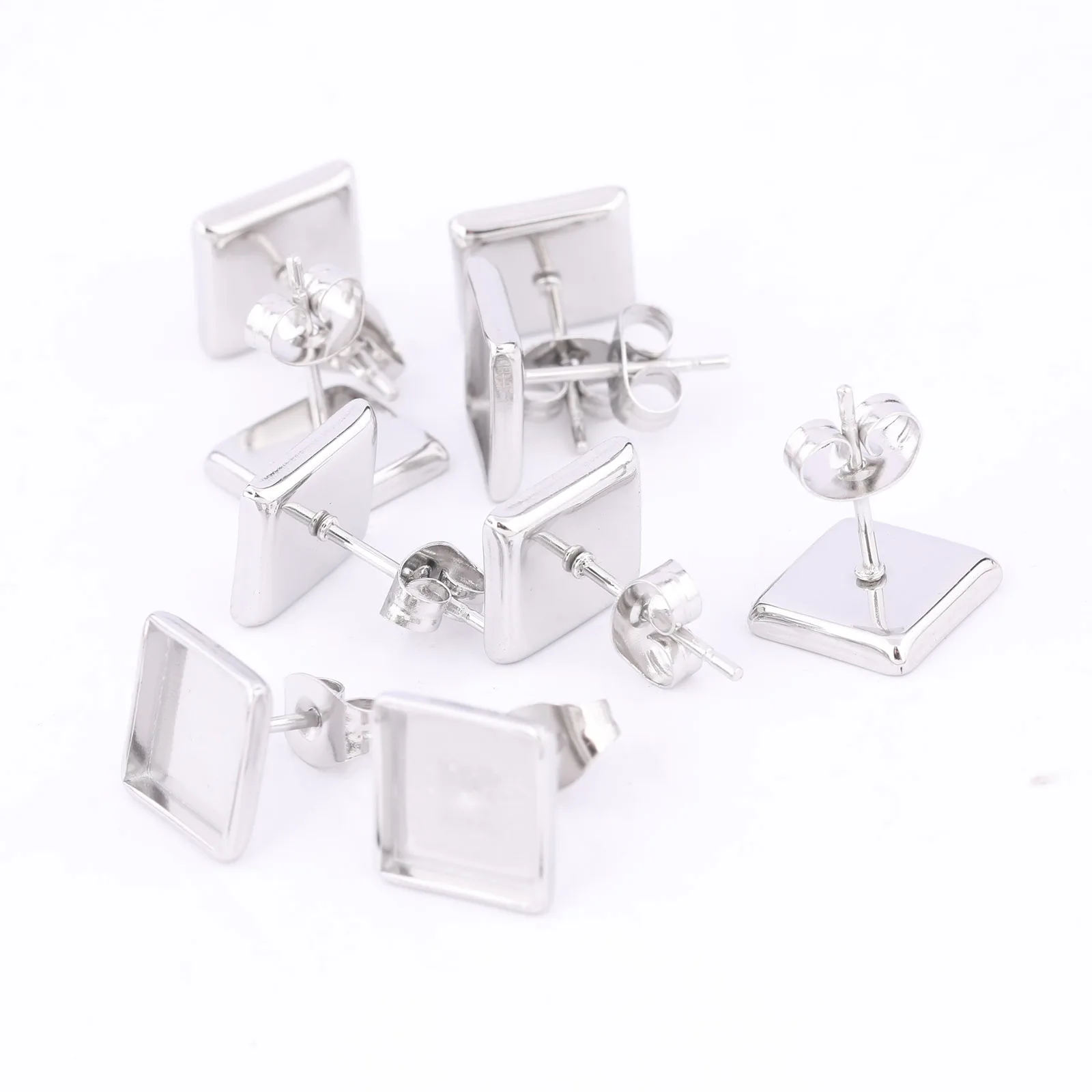 

20pcs Stainless Steel Fit 8mm Square Cabochon Earring Base Blanks Studs Diy Post Earrings Bezel Findings For Jewelry Making