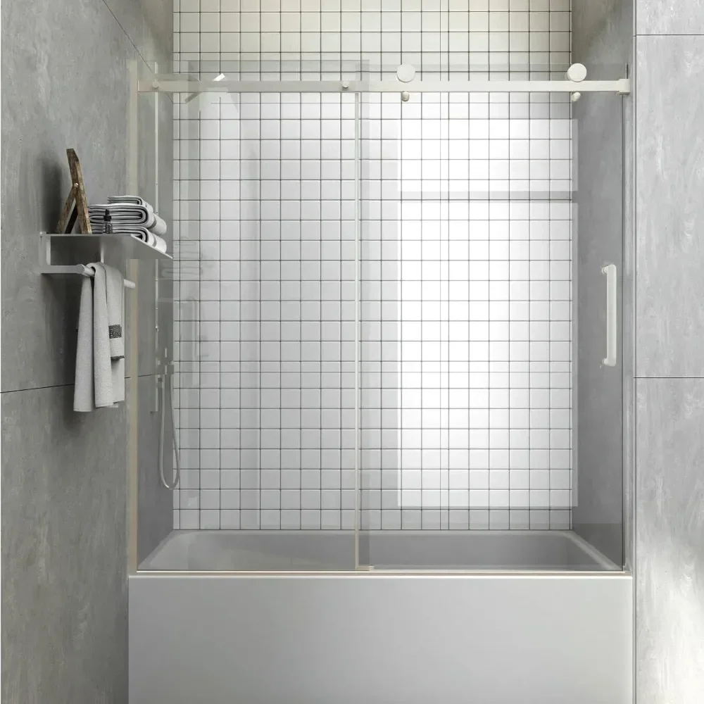 Puerta de Bañera. 57 1/2" - 60" de ancho x 60" de alto con vidrio templado SGCC de 5/16" (8 mm). Puerta Corredera para Bañera y Ducha sin Marco Reversible, Acabado Cepillado