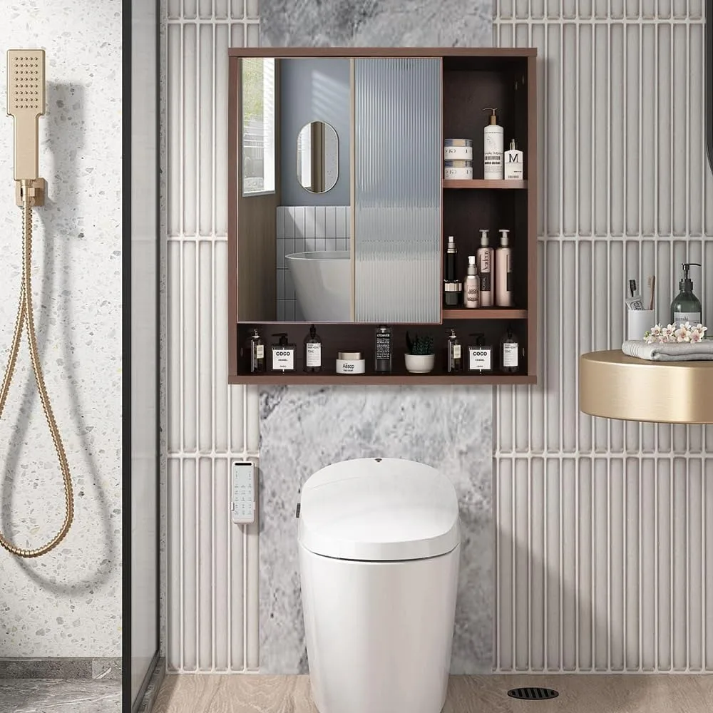 Armadietto per medicinali da bagno, mobiletto per wc montato a parete con specchio e ripiani, mobiletto da parete per bagno