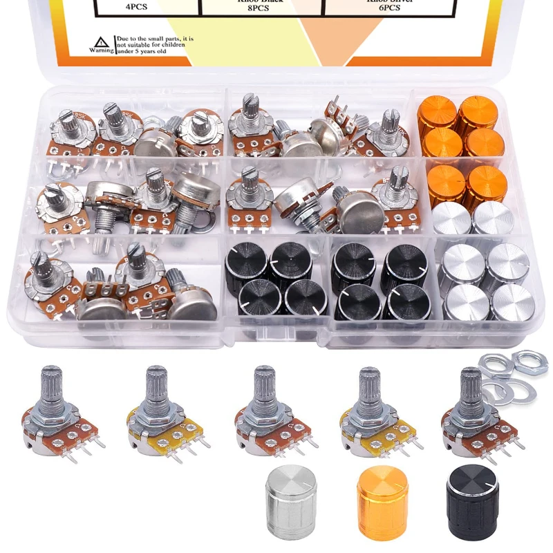 

40PCS WH148 Potentiometer Kit 5K 10K 20K 50K 100K 15mm Linear Taper Rotary Potentiometer 3Pin With Rotary knobs and Nuts,Washers