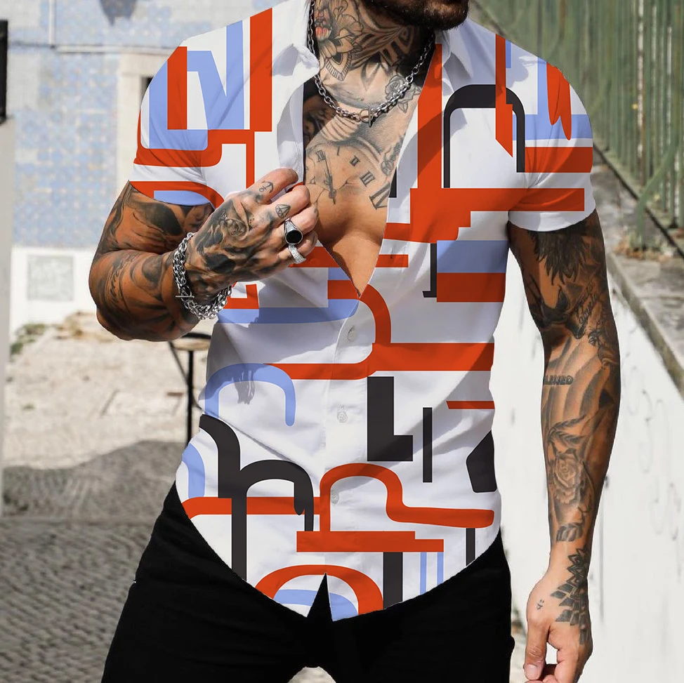 Chemise Hawaïenne à Manches Courtes pour Homme, Streetwear, Imprimé 3D, Rayé, Patchwork, Vêtements de Plage, à la Mode, 2022