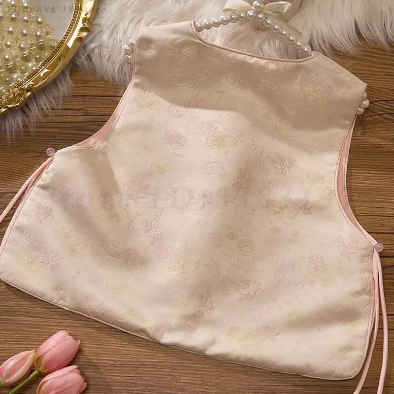New Chinese Style Kids Vest Exquisite Jacquard Girls Cheongsam Tops Pink Elegant Tank Top Vintage Button Down Tang Suit Vests