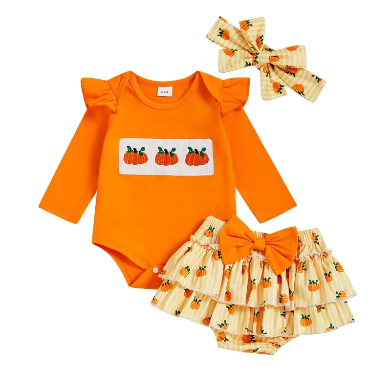 Halloween Baby Girl Thanksgiving Pumpkin Outfit Long Sleeve Bodysuit Shorts Headband Set Infant Toddler Fall Clothes
