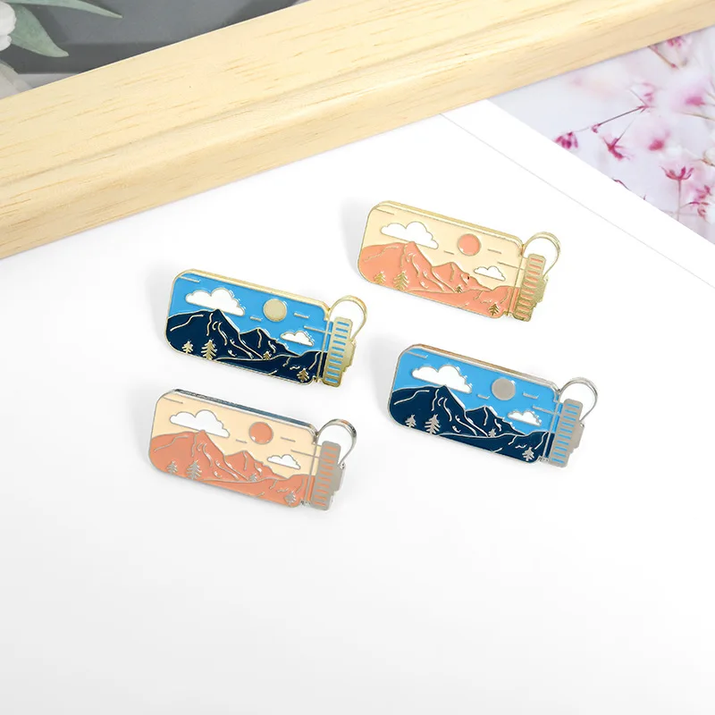 Landscape Cloud Mountain Peak Brooch Creative Water Cup Travel Cup Space Cup Shape Brooch Lapel Pins Cartoon Cute Outdoor